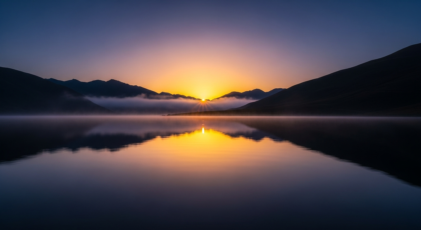 A still mountain lake at first dawn, golden light rising over calm water